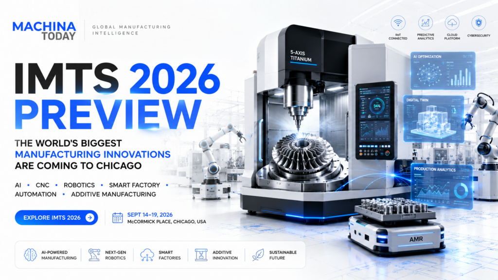 IMTS 2026 preview showcasing AI-powered CNC machines, industrial robots, smart factory automation, and next-generation manufacturing technologies.