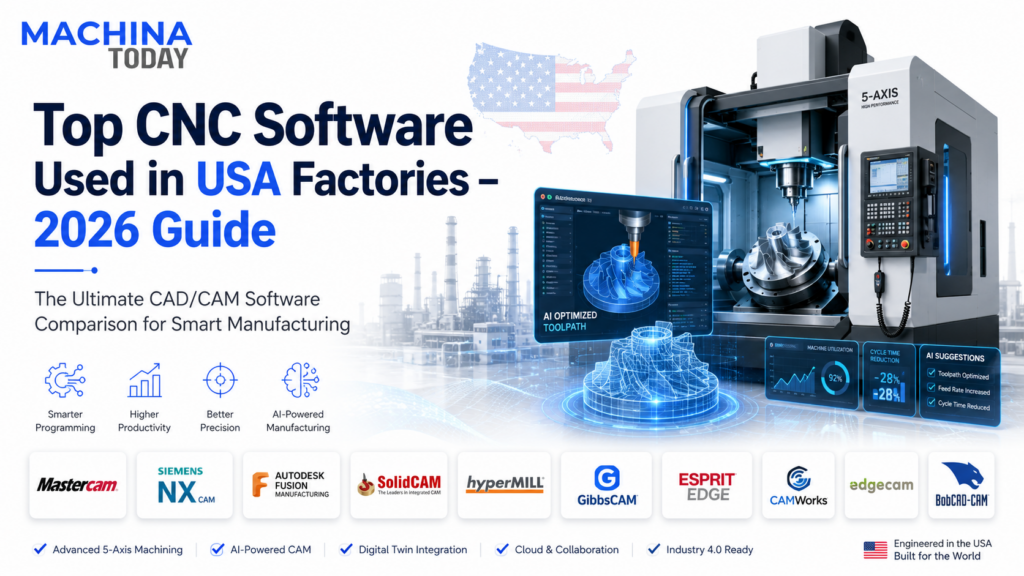 Top CNC Software Used in USA Factories 2026 featuring AI-powered CAD/CAM software, 5-axis CNC machine, Mastercam, Siemens NX CAM, Fusion Manufacturing, and smart factory technology.