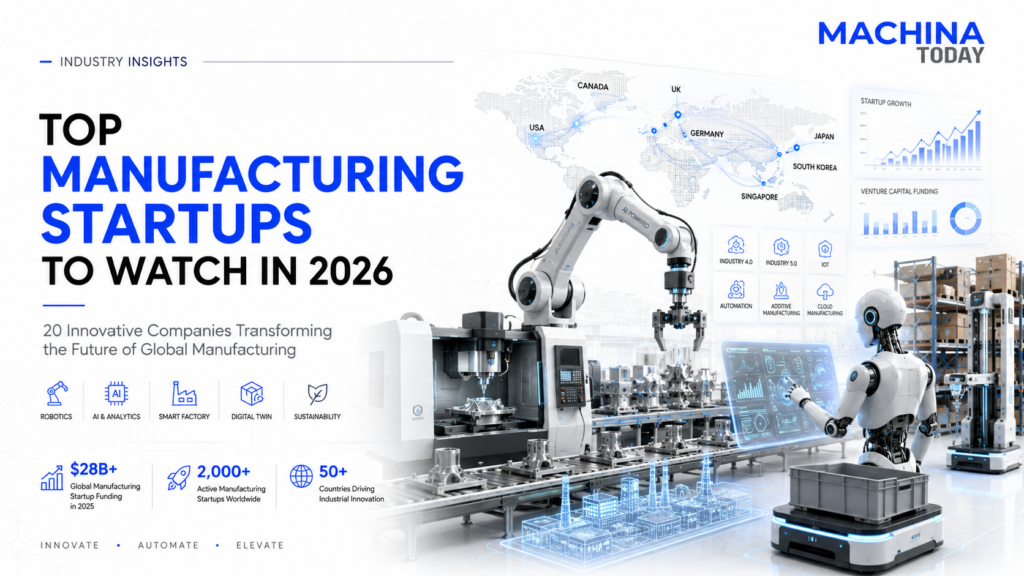 Top Manufacturing Startups to Watch in 2026 featuring AI robotics, smart factories, CNC machining, Industry 4.0, automation, and global manufacturing innovation | Machina Today