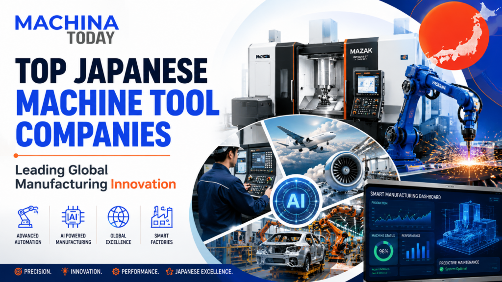 Top Japanese machine tool companies driving global manufacturing innovation with advanced CNC machines, AI automation, robotics, smart factories, and next-generation manufacturing technology by Machina Today.