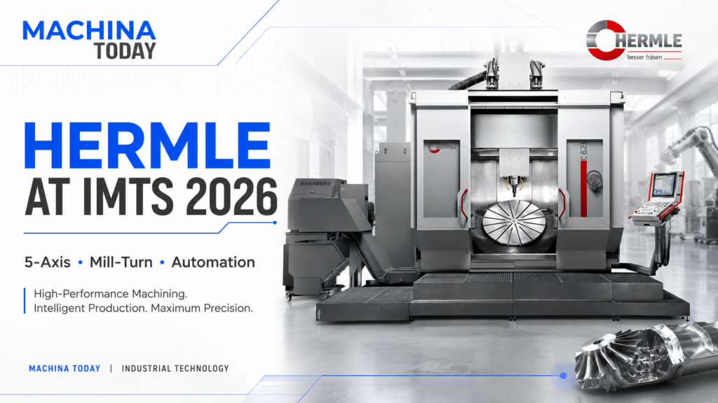 HERMLE C 62 U MT CNC machining center featured in Machina Today’s coverage of HERMLE at IMTS 2026, highlighting 5-axis machining, mill-turn technology and automation.