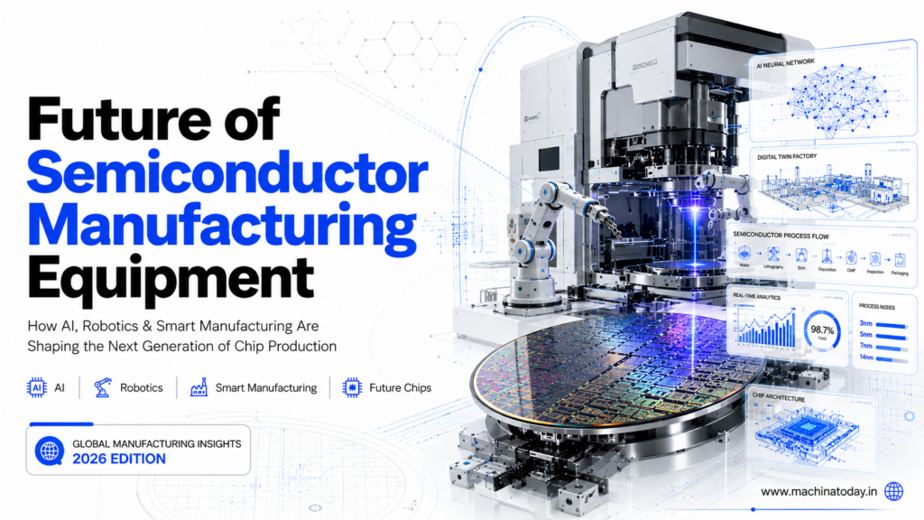 Future of Semiconductor Manufacturing Equipment featuring an advanced semiconductor fabrication facility with EUV lithography machine, robotic wafer handling, AI-powered manufacturing, smart factory technology, silicon wafer production, and Industry 4.0 automation for next-generation chip manufacturing.