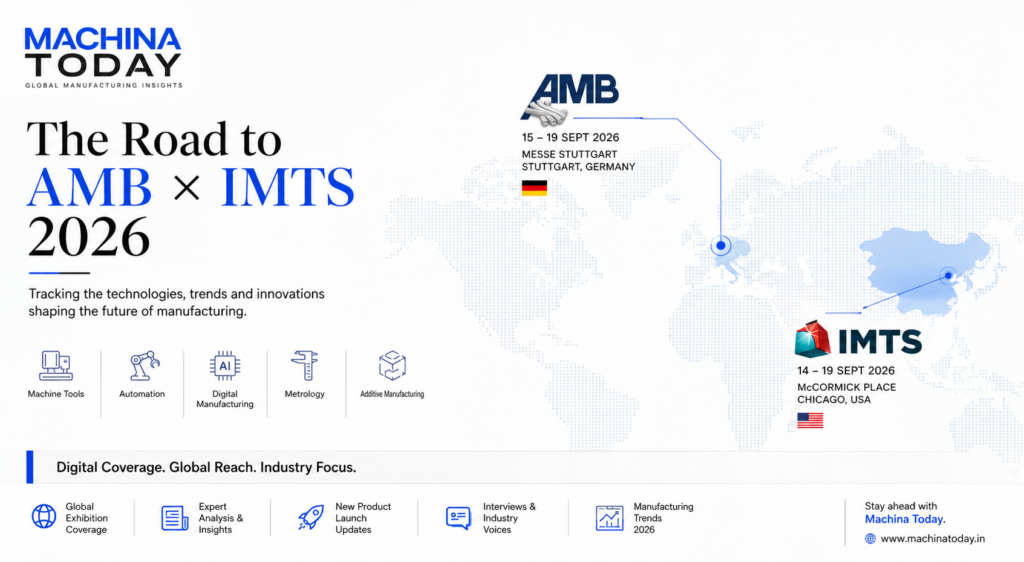 Machina Today AMB and IMTS 2026 digital coverage banner featuring a global manufacturing map, AMB Stuttgart and IMTS Chicago, and key manufacturing technologies.