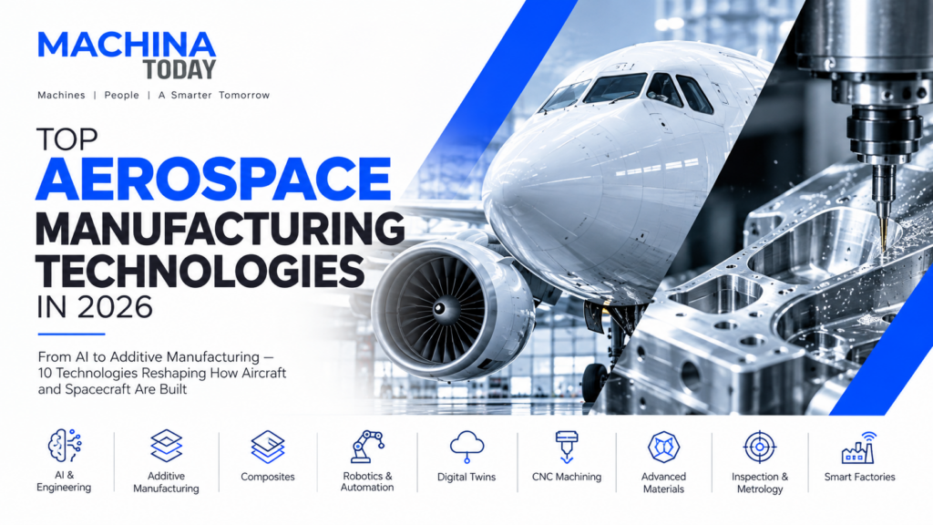 Top aerospace manufacturing technologies in 2026, featuring an aircraft, CNC machining, and advanced manufacturing technologies including AI, additive manufacturing, robotics, digital twins, composites, and automated inspection.