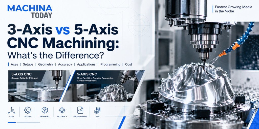3-axis vs 5-axis CNC machining comparison showing CNC milling machines and complex machined parts