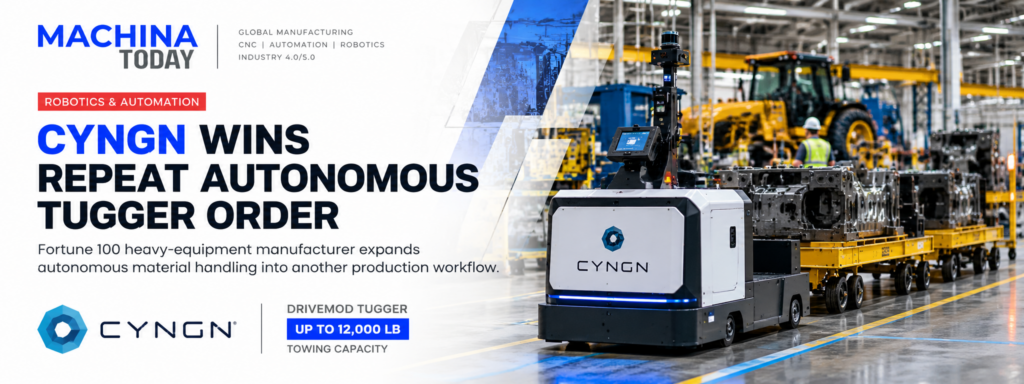 Cyngn autonomous DriveMod Tugger transporting heavy components inside a manufacturing facility for automated material handling